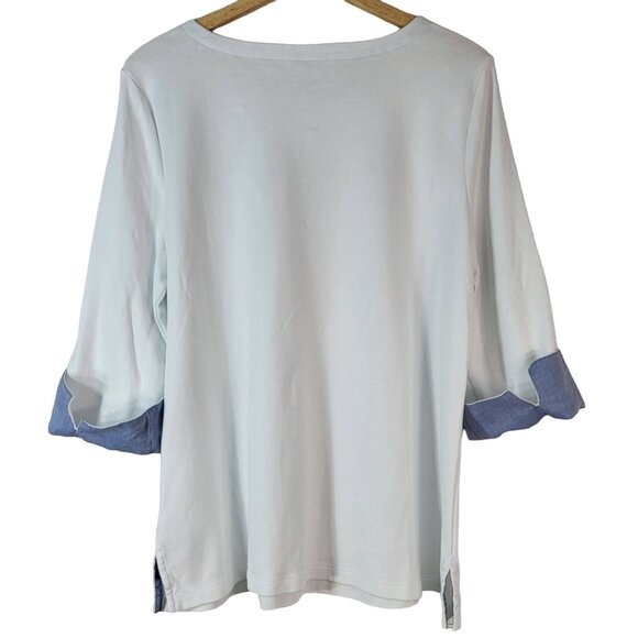 Nautica Womens 3/4 Sleeve Top White XXL Blue Flip Cuffs Crew Neck 100% Cotton - Picture 4 of 6